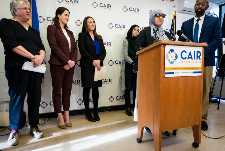 Aida Shyef Al-Kadi, of St. Louis Park, speaks during a press conference at CAIR Minnesota's headquarters.