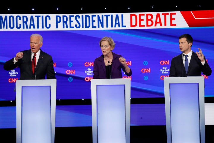 Former Vice President Joe Biden, Massachusetts Sen. Elizabeth Warren and South Bend, Indiana, Mayor Pete Buttigieg at the Dem