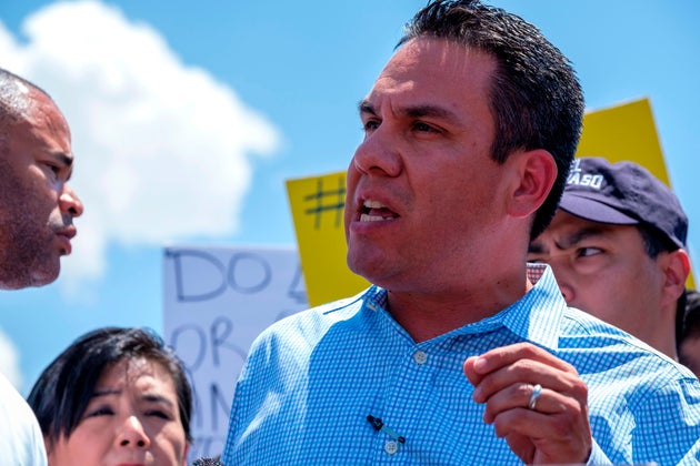 Rep. Pete Aguilar (D-Calif.) speaking at a press conference in July