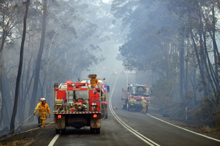 Firefighters work to extinguish a bushfire in Dargan, some 120 kilometres from Sydney.