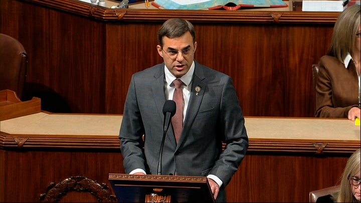 Rep. Justin Amash (I-Mich.) speaks Wednesday as the U.S. House debates the articles of impeachment against President Donald Trump at the Capitol. 