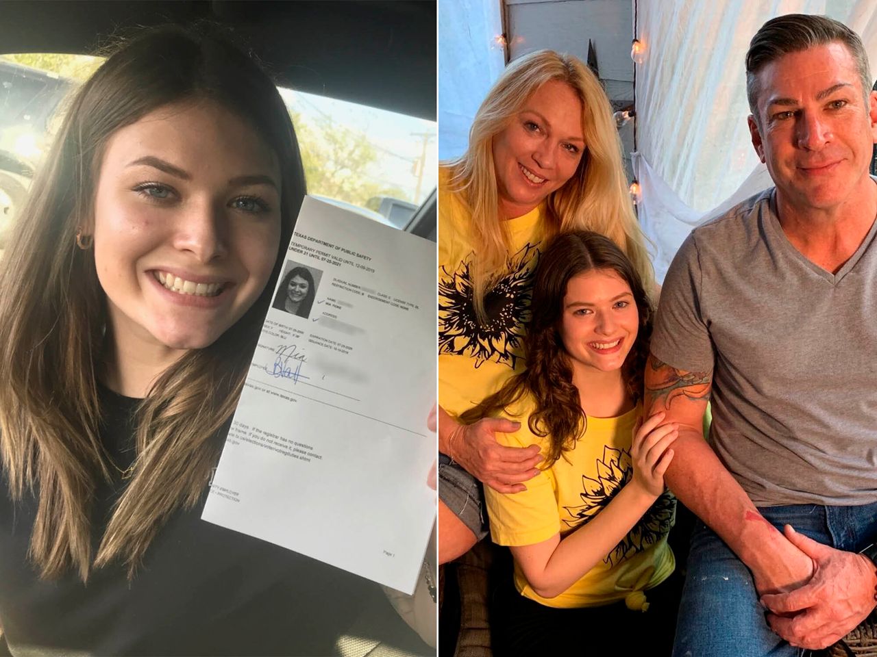 Mia after being issued a temporary driver's license in October (left), and Mia with her parents on Sept. 30, the day she was released on probation.