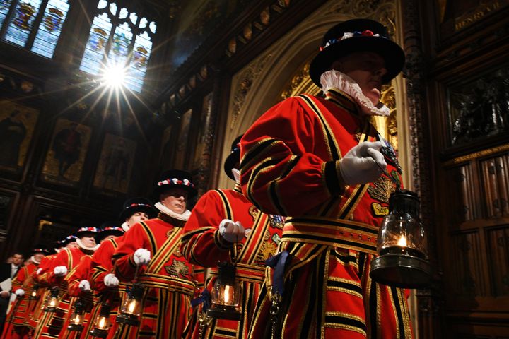 LONDON, ENGLAND - DECEMBER 19: Members of the Yeoman Guard during the ceremonial search, ahead of the State Opening of Parliament.