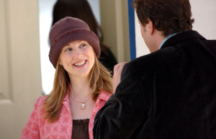 Laura Linney and Colin Firth on the set of Love Actually in 2002.