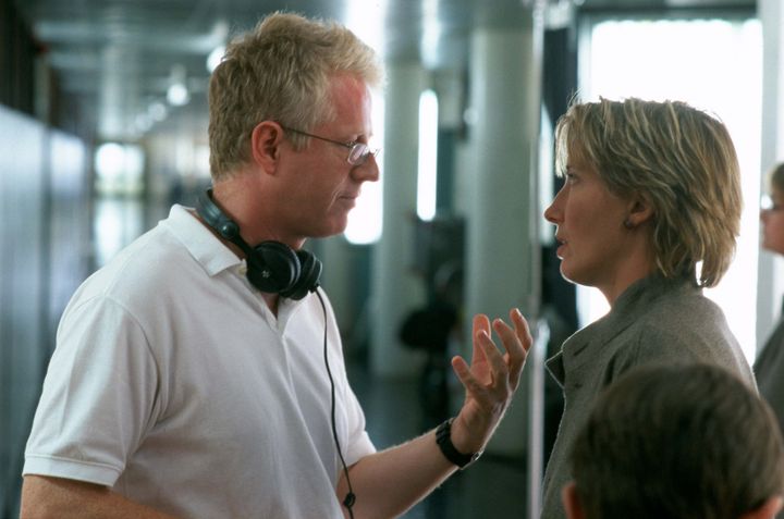 Richard Curtis and Emma Thompson on the set of Love Actually in 2002.