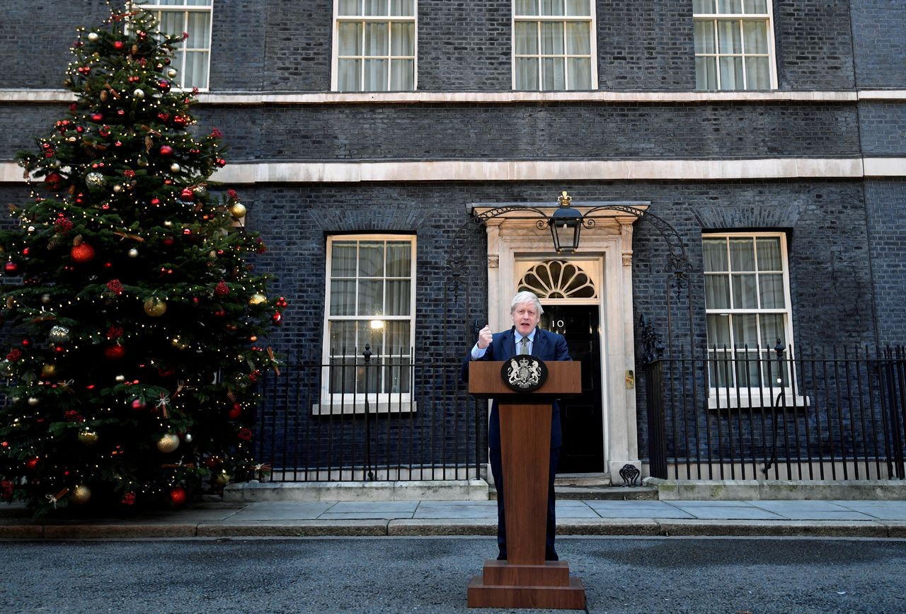 Boris Johnson delivers a statement at Downing Street after winning the general election, in London, Britain, December 13.