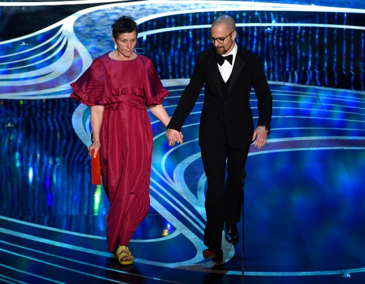 Frances McDormand wearing Birkenstocks at the Oscars with Sam Rockwell on Feb. 24, 2019.