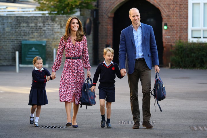 The duchess wears a belted, red-white-and-blue floral Michael Kors dress to drop Princess Charlotte off for her first day of school on Sept. 5. She previously wore the dress for Meghan Markle and Prince Harry's wedding rehearsal last year.