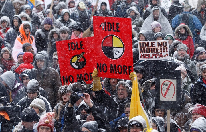 First Nations protestors take part in an "Idle No More" demonstration on Parliament Hill in Ottawa on Jan. 28, 2013.
