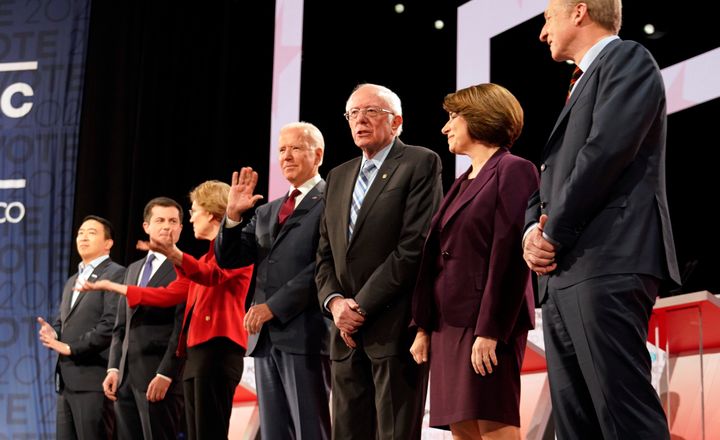 The seven Democratic candidates who participated in the sixth 2020 U.S. Democratic presidential debate at Loyola Marymount University in Los Angeles on Dec. 19, 2019.