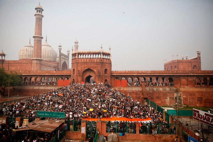 Indians gather for a protest against the Citizenship Amendment Act after Friday Prayers outside Jama Masjid in New Delhi on Friday.