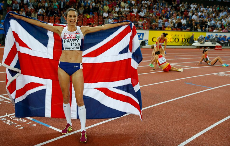 Jo Pavey after winning the women's 10,000 metres race during the European Athletics Championships in 2014.