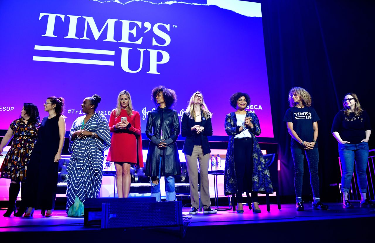 Christy Haubegger, Marisa Tomei, Tarana Burke, Mira Sorvino, Fatima Goss Graves and Amber Tamblyn pose onstage at "Time's Up" during the 2018 Tribeca Film Festival.