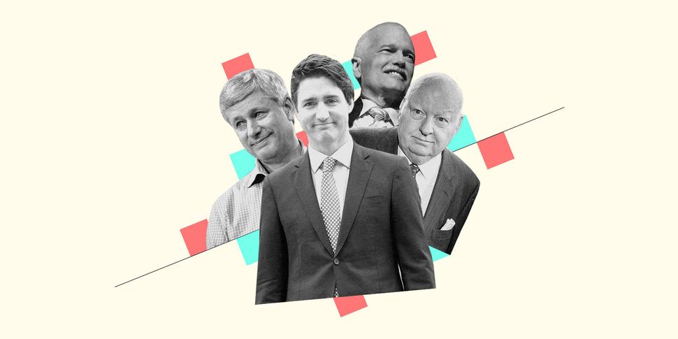 An illustration by HuffPost's Rebecca Zisser (with photos from The Canadian Press) of Stephen Harper, Justin Trudeau, Jack Layton, and Mike Duffy.