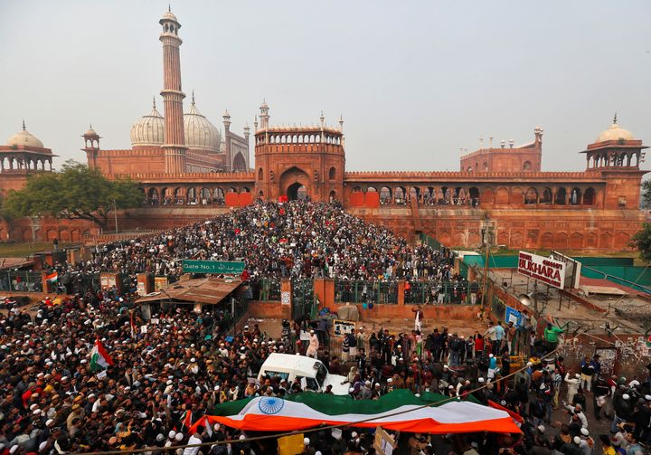 Demonstrators attend a protest against a new citizenship law, after Friday prayers at Jama Masjid in the old quarters of Delhi, India