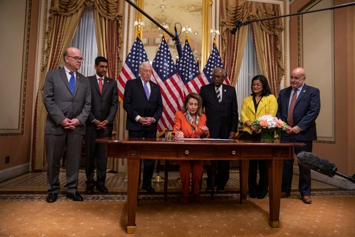 House Speaker Nancy Pelosi (D-Calif.), center, and other Democratic leaders told progressives they would make Yemen a priority.