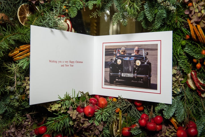 The Christmas card of Prince Charles and Camilla, Duchess of Cornwall is displayed at Clarence House in London on Dec. 20, 2019.