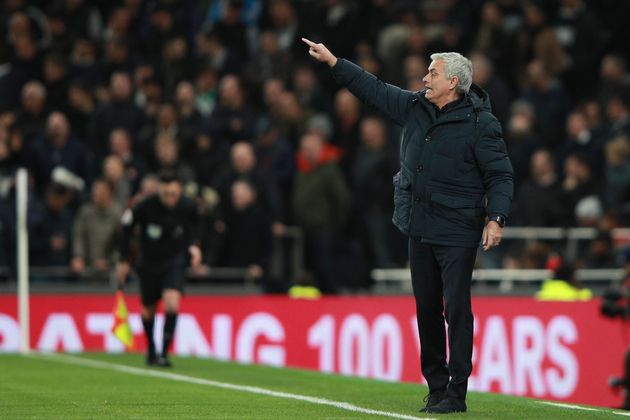 Tottenham's manager Jose Mourinho gestures during the English Premier League soccer match between Tottenham Hotspur and Chelsea, at the Tottenham Hotspur Stadium in London, Sunday, Dec. 22, 2019. (AP Photo/Ian Walton)