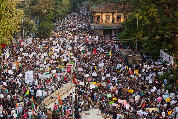 People gather to protest against CAA and NRC at August Kranti Maidan on December 19, 2019 in Mumbai, India.