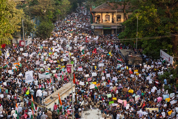 People gather to protest against CAA and NRC at August Kranti Maidan on December 19, 2019 in Mumbai, India. 