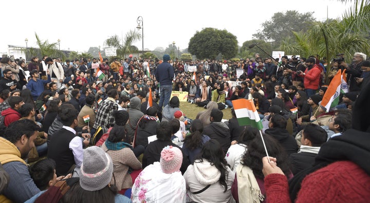 Protesters at Central park, Connaught Place , New Delhi on December 22, 2019.