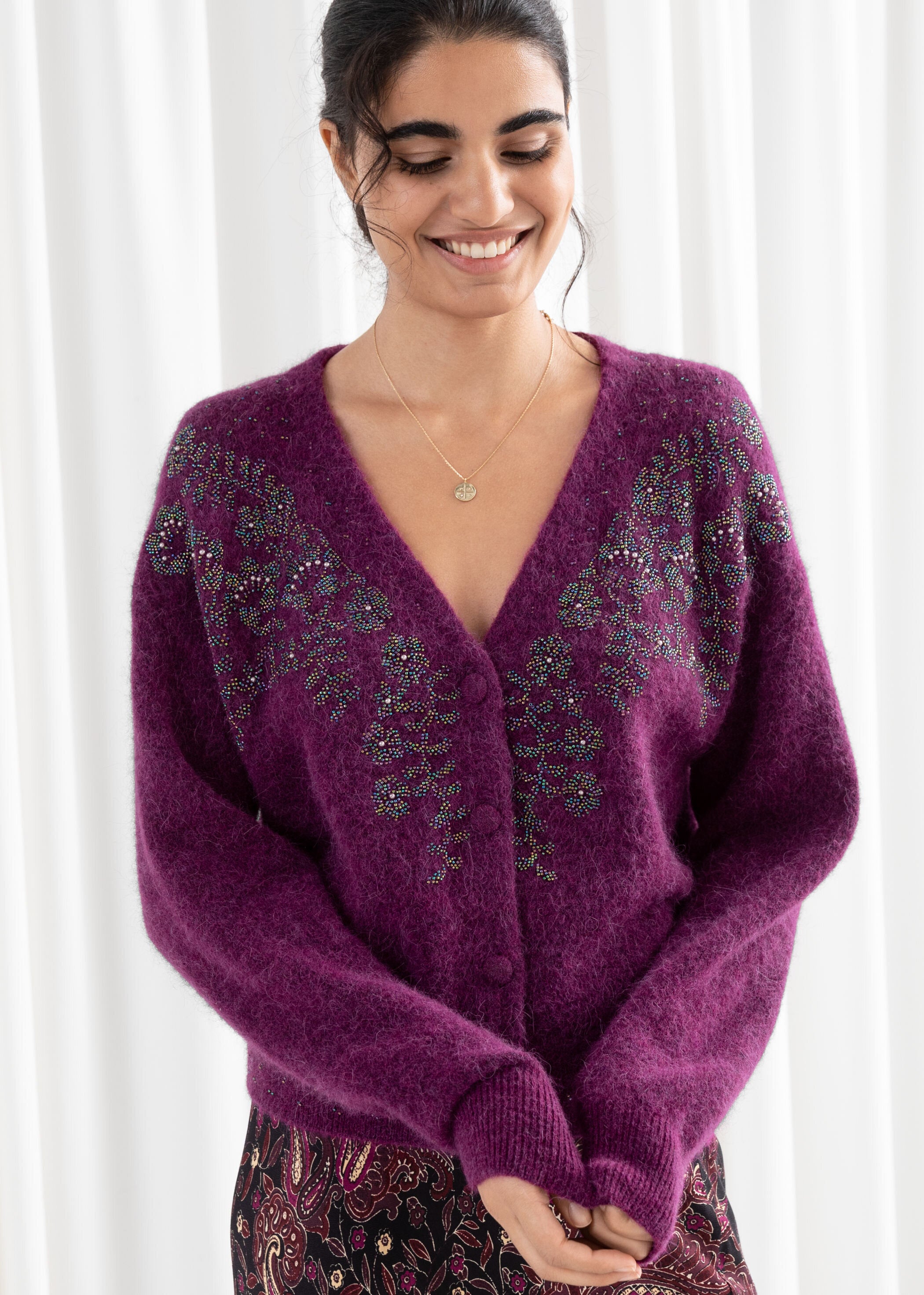 other stories purple cardigan