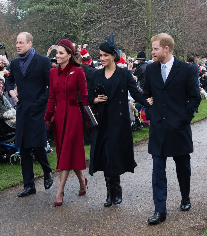 William, Kate, Meghan and Harry attend church service at the Church of St. Mary Magdalene on the Sandringham estate on Dec. 25, 2018, in King's Lynn, England.