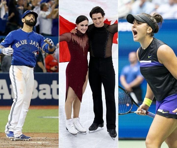 A composite of iconic Canadian sports moments in the 2010s, including Jose Bautista's bat flip, Tessa Virtue and Scott Moir, and tennis star Bianca Andreescu.