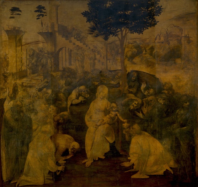 Η Λατρεία /Προσκύνηση των Μάγων (Adorazione dei Magi), Leonardo da Vinci, 1481-1482. Πινακοθήκη Uffizi, Φλωρεντία. Αποδίδεται με εξαίρετο τρόπο η Γέννηση. Πίσω βασιλεύει το χάος, και μπροστά η γαλήνη του ερχομού του Ιησού
