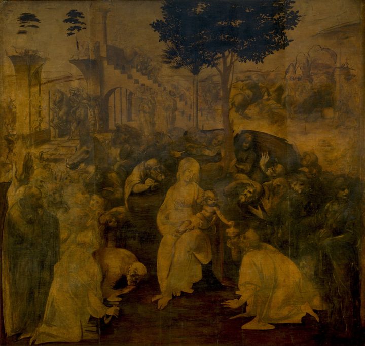 Η Λατρεία /Προσκύνηση των Μάγων (Adorazione dei Magi), Leonardo da Vinci, 1481-1482. Πινακοθήκη Uffizi, Φλωρεντία. Αποδίδεται με εξαίρετο τρόπο η Γέννηση. Πίσω βασιλεύει το χάος, και μπροστά η γαλήνη του ερχομού του Ιησού 