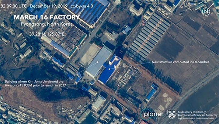 This Dec. 19, 2019, satellite image from Planet Lab Inc., that has been analyzed by experts at the Middlebury Institute of International Studies, shows the March 16 Factory in Pyongsong, near Pyongyang, where North Korea manufactures military trucks used as mobile launchers for long-range missiles. This new satellite image on a North Korean missile-related site shows the construction of a new structure this month.