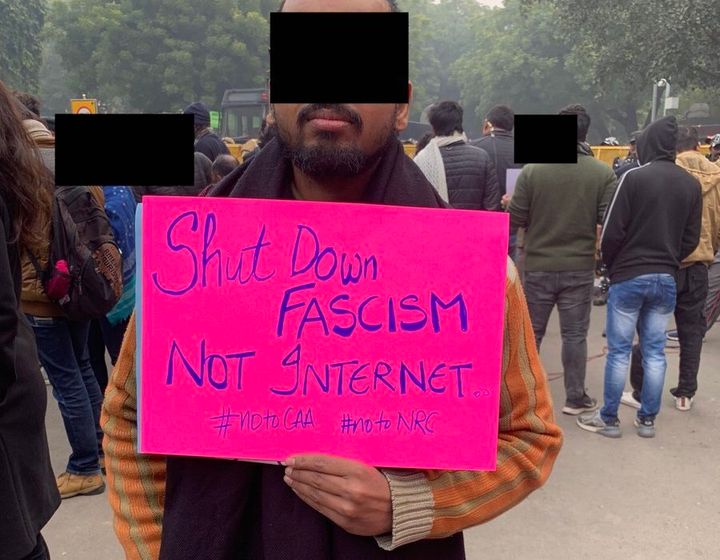 This protestor in Delhi also highlighted the Internet bans across India.