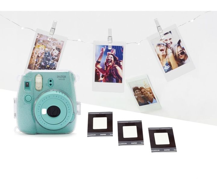 INSTAX mini 9 Instant Camera with Film, Case, LED Peg Lights & Frame Stickers Bundle - Aquamarine