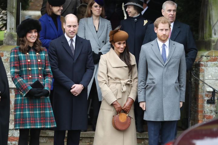 Members of the royal family and Meghan Markle, who was engaged to Prince Harry at the time, attend a Christmas Day service at the Church of St. Mary Magdalene in 2017.