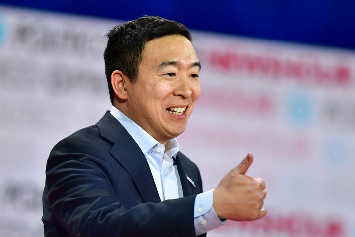 Entrepreneur Andrew Yang at the Democratic presidential debate in Los Angeles on Dec. 19 has outlasted many of his more exper