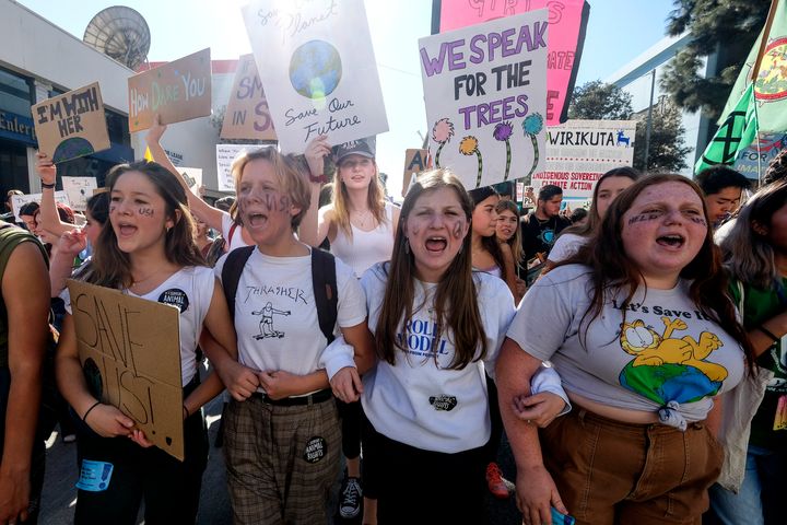 Climate activists participate in a student-led climate change march in Los Angeles on Nov. 1.
