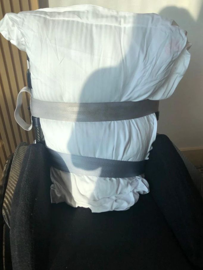 Quinn's wheelchair currently has a pillow strapped to it after the back went missing during an Emirates flight 