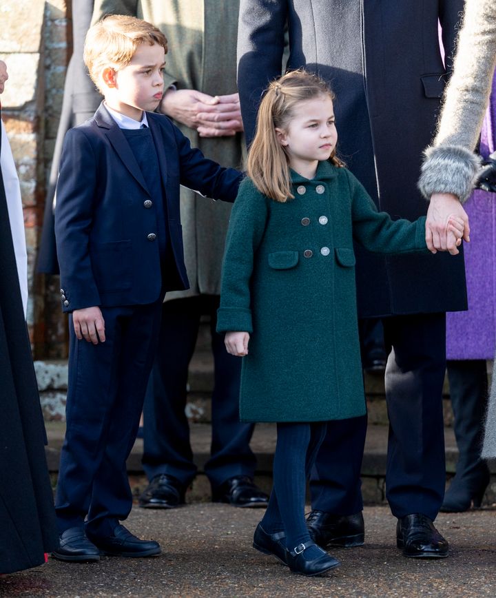 Prince George and Princess Charlotte of Cambridge attend the Christmas Day Church service at Church of St. Mary Magdalene on 