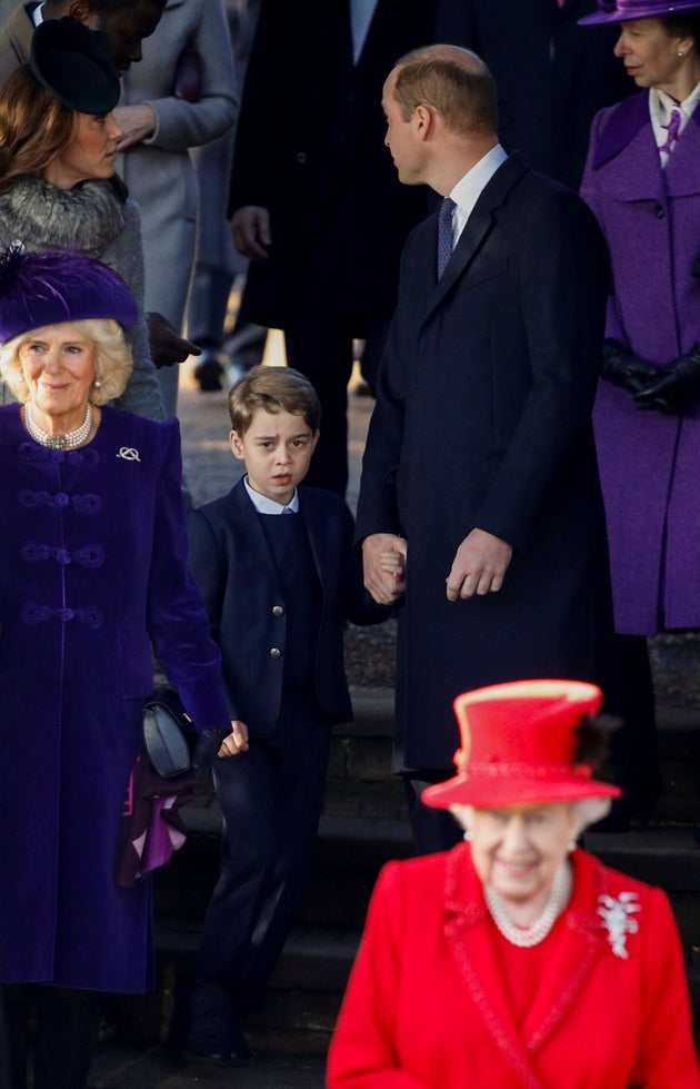 Queen Elizabeth, Camilla, William, the Duchess of Cambridge and Prince George leave the St Mary Magdalene's church. 