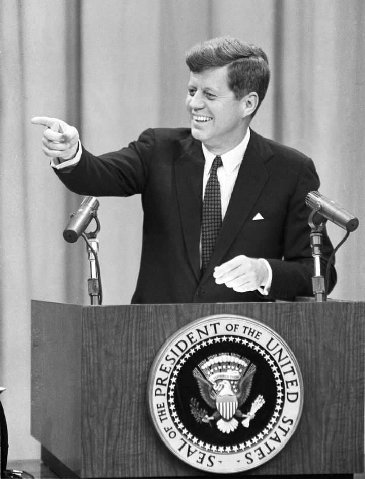 United States President John F Kennedy at a press conference in Washington, DC, 1961