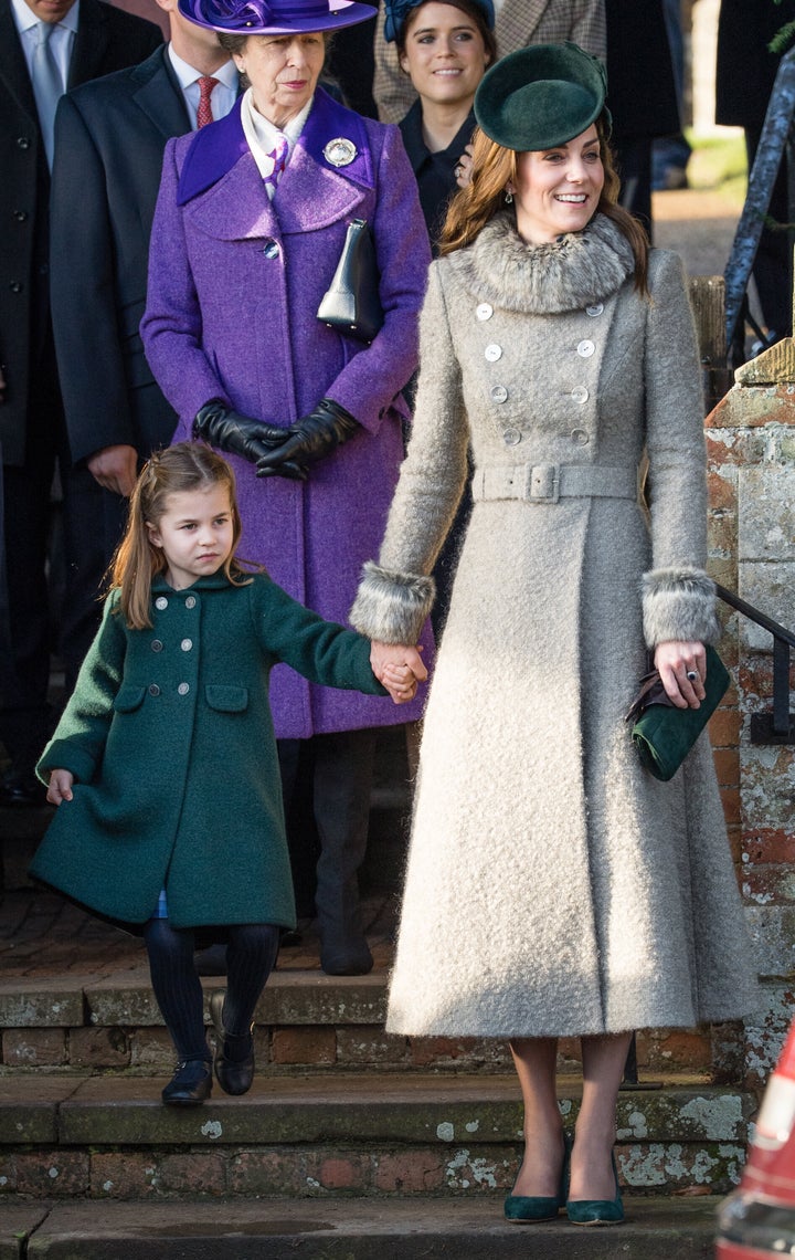 Princess Charlotte curtsies to the queen as she attends the Christmas Day church service at the Church of St Mary Magdalene on the Sandringham estate on Dec. 25, 2019.