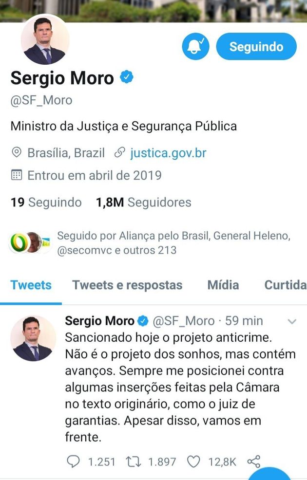 Ministro Sergio Moro pondera permanência do juiz de garantias na lei do pacote anticrime, sancionada por Bolsonaro na terça, 24 de dezembro. 