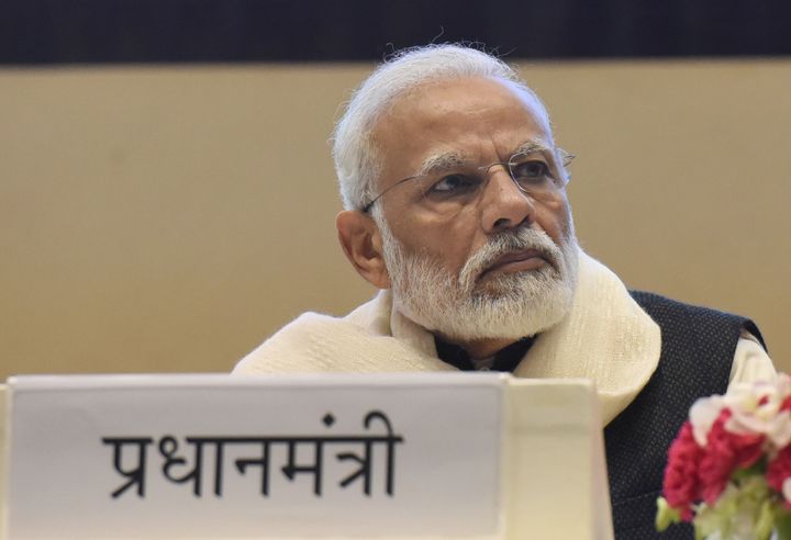 NEW DELHI, INDIA - DECEMBER 25: Prime Minister Narendra Modi during the launch of the Atal Bhujal Yojana and Atal Tunnel Yojna at Vigyan Bhawan on December 25, 2019 in New Delhi, India. Prime Minister Narendra Modi on launched the Atal Bhujal Scheme for better management of groundwater, stressing on the need to use technology which helps prevent wastage of water in various spheres, including agriculture. He also named Rohtang passageway in Himachal Pradesh as Atal Tunnel to mark the 95th birth anniversary of former prime minister Atal Bihari Vajpayee. (Photo by Sonu Mehta/Hindustan Times via Getty Images)