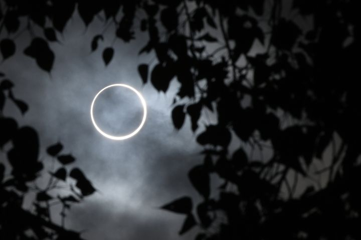 The moon totally covers the sun in the solar eclipse as seen from Dindigul in Tamil Nadu.