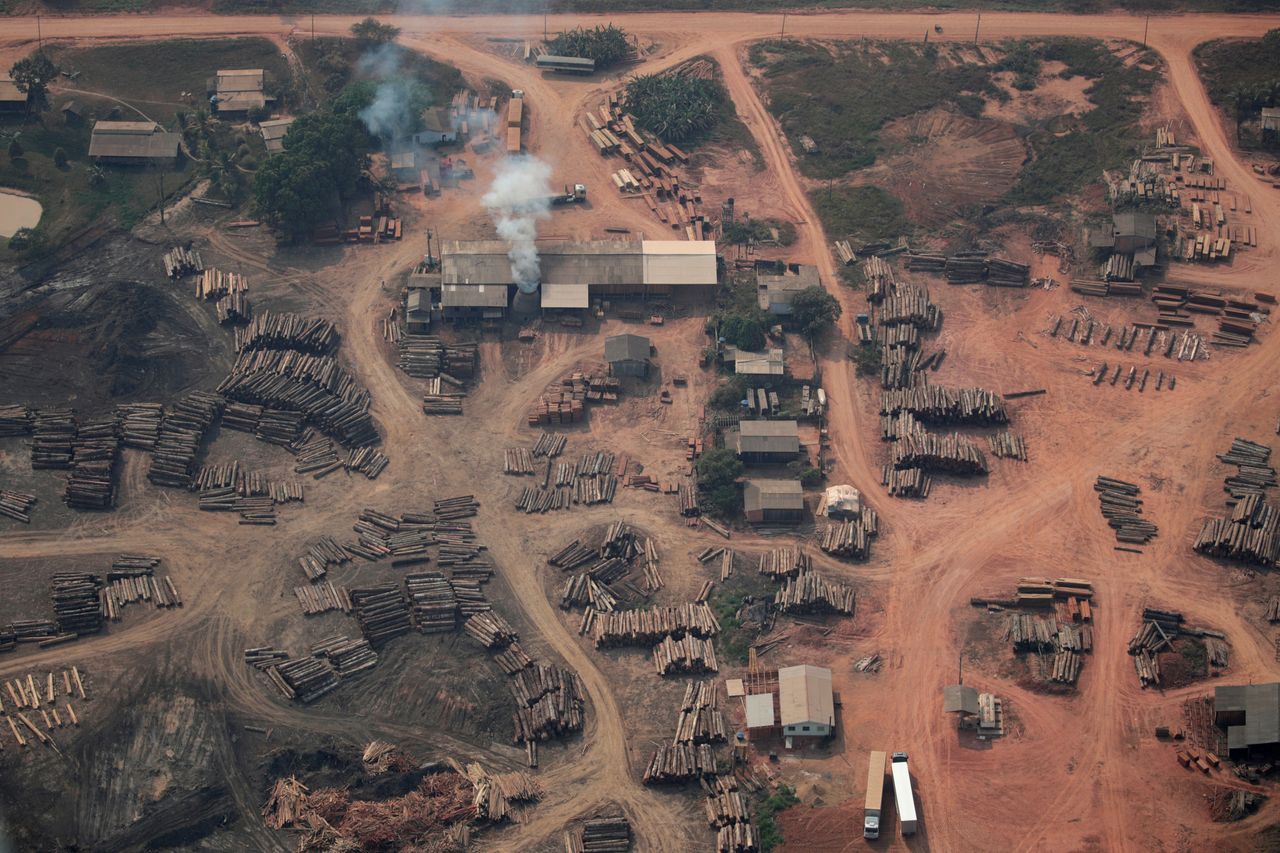 Μια αεροφωτογραφία των κορμών που παράνομα κόβονται από το τροπικό δάσος του Αμαζονίου, σε εγκαταστάσεις κοντά στη Χουμάιτα, στη Βραζιλία στις 22 Αυγούστου 2019.