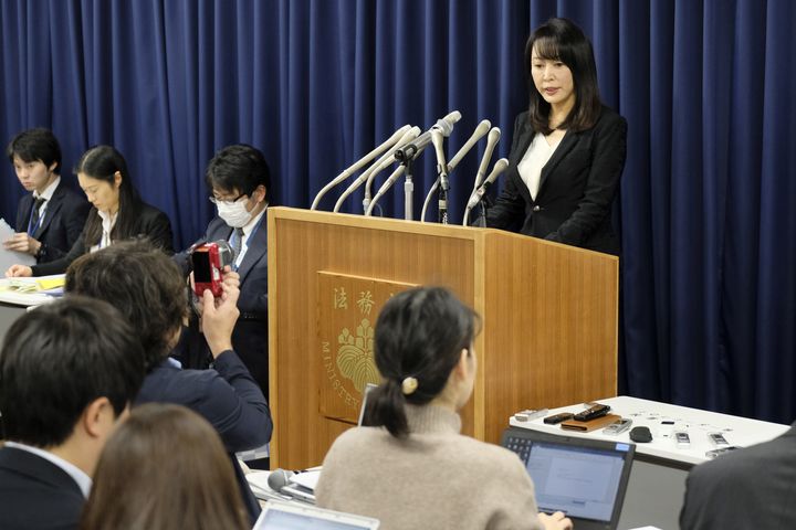 Japan's justice minister Masako Mori speaks during a press conference at the ministry in Tokyo on December 26, 2019. 