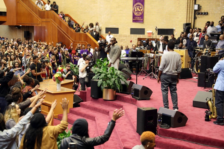 Kanye West (center) speaks during Sunday Service at The Greater Allen A.M.E. Cathedral of New York on Sept. 29, 2019, in New York City.