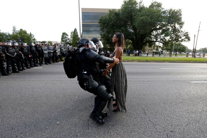 Ieshia Evans is detained by law enforcement on July 9, 2016, as she protests the shooting death of Alton Sterling near the headquarters of the Baton Rouge Police Department in Louisiana.