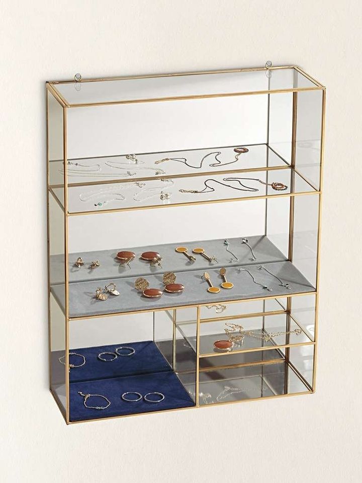 Oliver Bonas Gold & Glass Blue Velvet Hanging Jewellery Shelf Extra Large