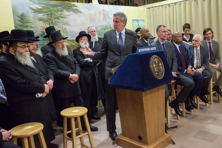 New York City Mayor Bill de Blasio holds a press conference in the Williamsburg neighborhood of Brooklyn on Dec. 12, 2019, after meeting with Satmar Jewish community leaders to denounce a hate crime attack in Jersey City.